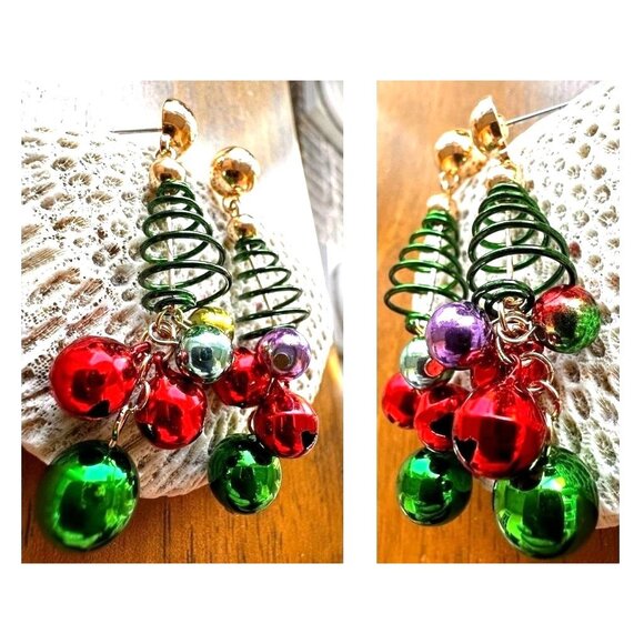 Christmas Tree Earrings New Handmade Jingle Bells Dangle Posts Festive P… - Picture 7 of 12